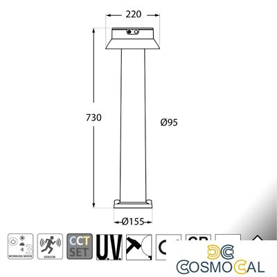 FELICE 800 NERO SOLAR LED Ø150 PIR CCT S - 73 cm