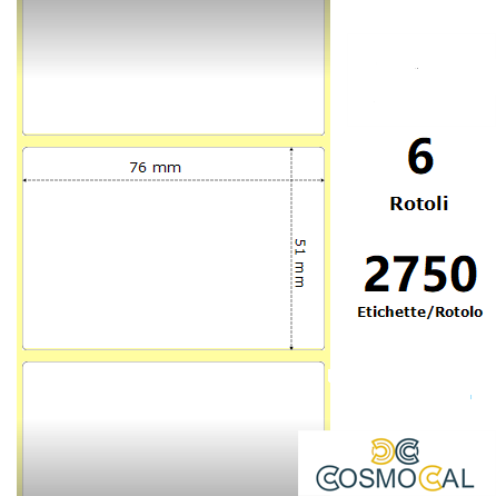 White 76x51mm, 2750 Et/Rotolo Z-2000D 3x2x3 Core, 6 Rolls