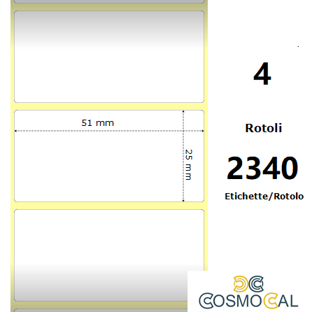 White 51x25mm,2340 Et/Rotolo Z-4000D, 2x1x1 Core, 4 Rolls