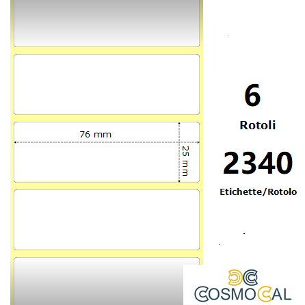 White 76x25mm,2340 Et/Rotolo Z-4000D, 3x1x1 Core, 6 Rolls