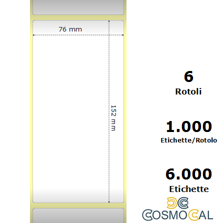 White 76x152mm,1000 Et/Rotolo Z-1000D, 3x6x3 Core, 6 Rolls