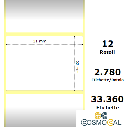 White 31x22mm,2780 Et/Rotolo Z-2000D,1.2x0.9x1Core, 12 Rolls