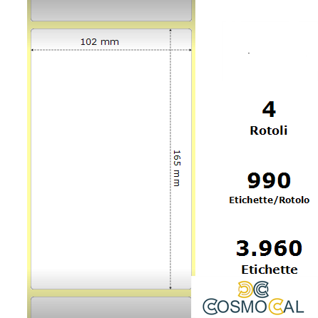 White 102x165mm,990 Et/Rotolo Z-1000D, 4x6.5x3 Core ,4 Rolls