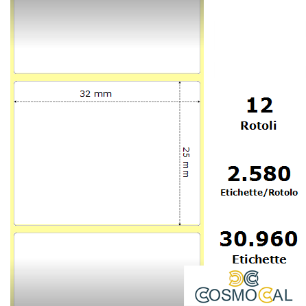 White 32x25mm, 2580 Et/Rotolo Z-2000D 1.3x1x1 Core, 12 Rolls