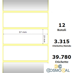 White 57x19mm,3315 Et/Rotolo Z-2000D,2.2x0.7x1Core, 12 Rolls