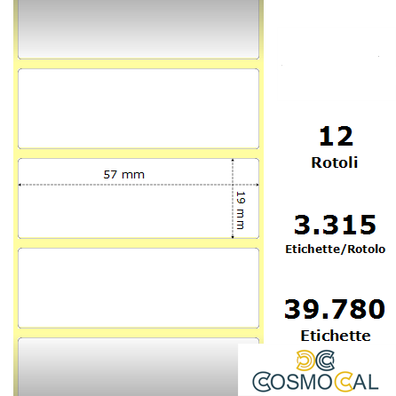 White 57x19mm,3315 Et/Rotolo Z-2000D,2.2x0.7x1Core, 12 Rolls