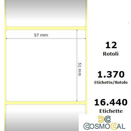 White 57x51mm,1370 Et/Rotolo Z-2000D, 2.2x2x1 Core, 12 Rolls
