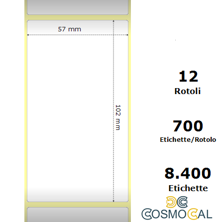 White 57x102mm,700 Et/Rotolo Z-2000D, 2.2x4x1Core, 12 Rolls