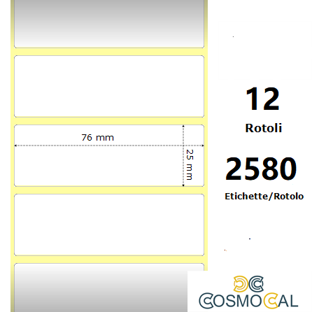 White 76x25mm, 2580 Et/Rotolo Z-2000D, 3x1x1 Core, 12 Rolls