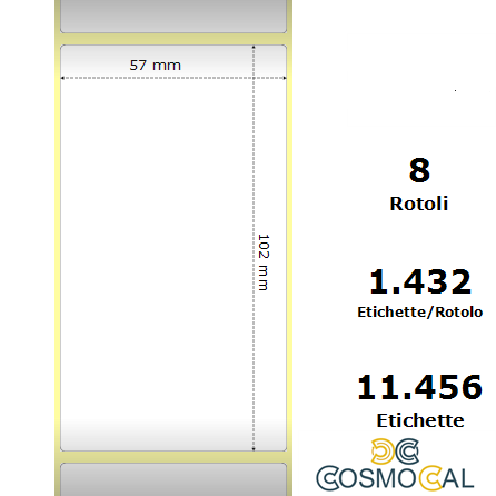 White 57x102mm, 1432 Et/Rotolo Z-2000D,2.2x4x3 Core, 8 Rolls