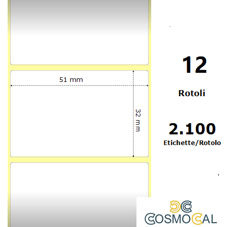 White 51x32mm,2100 Et/Rotolo Z-1000D, 2x1.3x1 Core, 12 Rolls