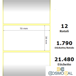 White 70x38mm,1790 Et/Rotolo Z-1000D,2.8x1.5x1Core ,12 Rolls