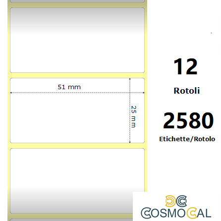 White 51x25mm, 2580 Et/Rotolo Z-2000D, 2x1x1 Core, 12 Rolls