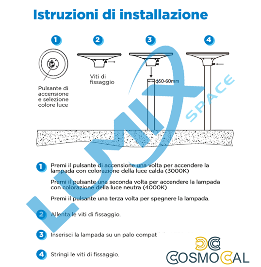 Testa Palo solare LED + pannello fotovoltaico e sensore 2CCT