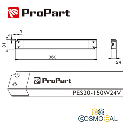 Alimentatore SLIM: IP20 24V 150W 6.25A Size:360*31*24mm