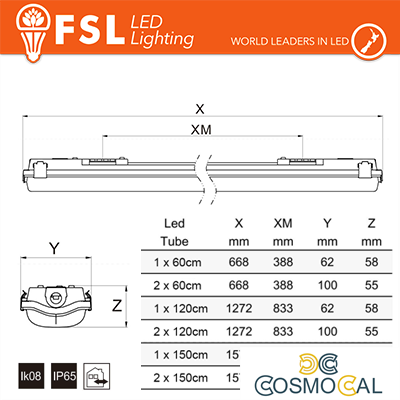 Plafo Stagna Porta tubo T8 IP65: 2 tubo 120cm