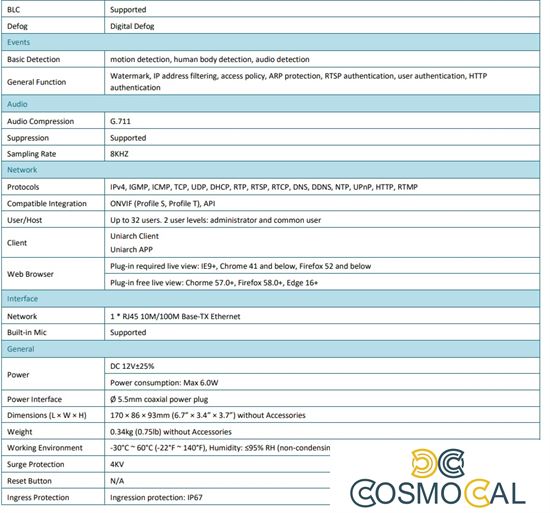 3MP Uniarch Bullet IPCamera,Ottica 4.0mm, Dual Light