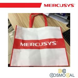 Sacca Mercusys quadrata, bianca con banner e maniglie rosse