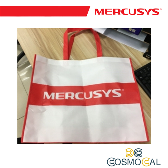 Sacca Mercusys quadrata, bianca con banner e maniglie rosse