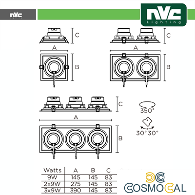Incasso Multi lampada - 27w (3x9w) 3000k 2160lm >24°