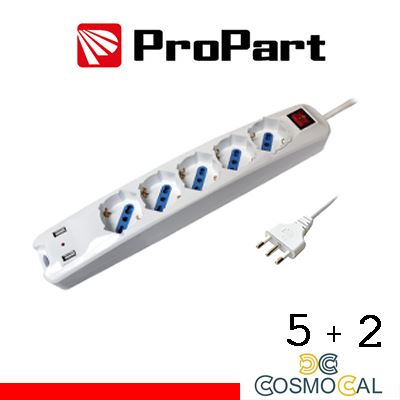 Multipresa 5pos bipasso/schuko + USB spina16A +interr.