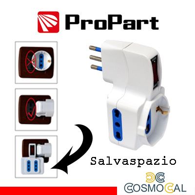 Adattatore 3pos bipasso/schuko spina10A salvaspazio + inter.