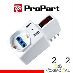 Adattatore 2pos bipasso/schuko +USB spina10A salvasp. + int.