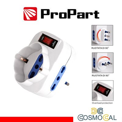 Adattatore 3pos bipasso/schuko spina10A rotante + inter.