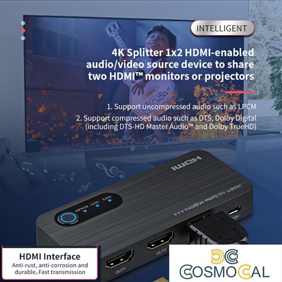 Splitter HDMI 1x2, 18G HDMI 2.0  4K2K@60Hz, con Downscaler